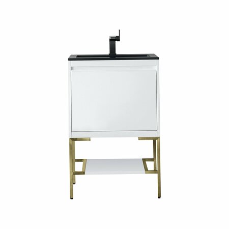 JAMES MARTIN VANITIES 23.6'' Single Vanity, Glossy White, Champagne Brass Base w/ Charcoal Black Composite Stone Top 805-V23.6-GW-CB-CH